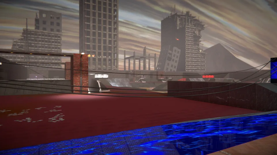 A view near blue base in the visually updated Mosh Pit arena in Rezarus