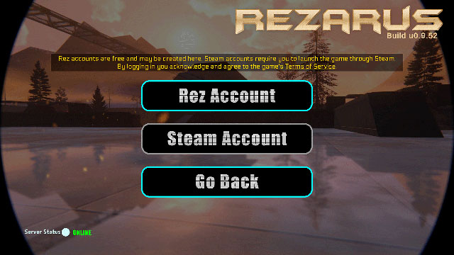 Rezarus login screen showing Rez Account and Steam Account sign-in options