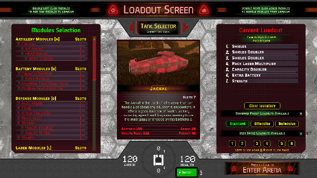 Rezarus loadout screen for selecting tanks, weapons, and modules before entering an arena