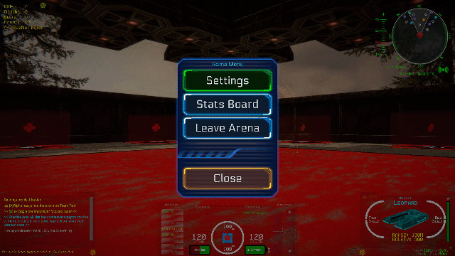 Rezarus in-game escape menu with settings, stats board, and arena exit options