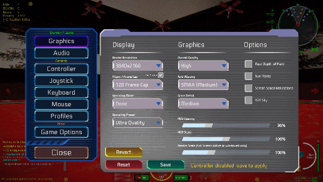 Rezarus graphics settings screen showing quality, frame rate, DLSS, and FSR options