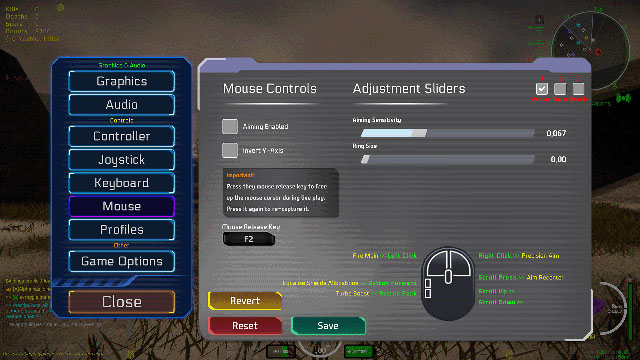 Rezarus mouse settings screen with aiming toggle and sensitivity adjustment slider