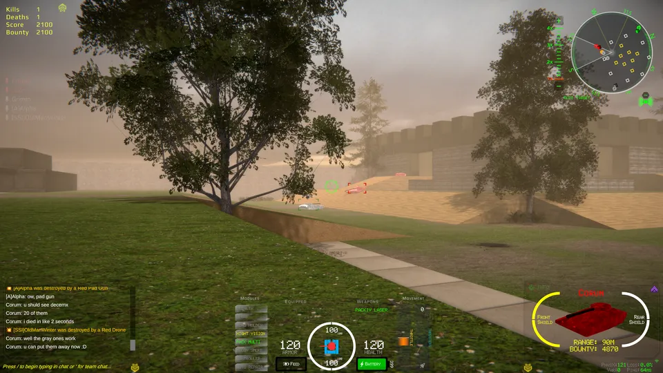 Players leaving a base in Laser Wars arena Hills of Glory